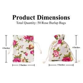 Mandala Crafts 3X4 Inch Mini Rose Burlap Drawstring Gift Bags for Favors - 50 Tiny Floral Linen Sacks Gift Pouches for Candy, Coffee, Jewelry, Wedding, and Party Supplies