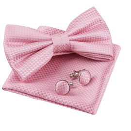 Alizeal Mens Solid Mini Plaid Bow Tie, Pocket Square with Cufflinks Pre-tied Tie Set, Pink