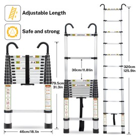 Telescopic Ladder, 10.5FT RIKADE Aluminum Telescoping Ladder with Non-Slip Feet and Stable Hook, Portable Extension Ladder for Household and Outdoor Working, 330lb Capacity