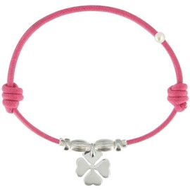 Les Poulettes Jewels - Bracelet Lucky 4 Leaves Clover - Sterling Silver on Waxed Cord - Fuchsia Color
