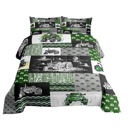 Tractor Bedding Set Twin Size Equipment Trucks Comforter Set Farmhouse Harvester Down Comforter for Kids Boys Car Bedroom Decor Green Vehicle Quilt Set Plaid Comforter with 1 Pillowcase, Grey