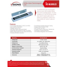 Visionis FPC-7317 VIS-ML600LED Indoor Electromagnetic Lock 600lbs for Out Swinging Door with VIS-7001 Door Bell Type Push to Exit Button NC, COM and NO Outputs for Access Control, 2 Amp Power Supply