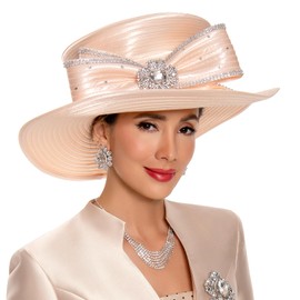 Go Mai Women's Church Hat for Baptism Wedding Wide Brim Rhinestone Fascinator Sunday Chapel Tea Party Hat