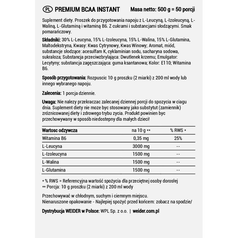 Weider Weider BCAA Powder, Pack of 10 Orange 1x 500