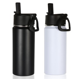 Volhoply - Botella de agua para niños de 16 onzas, paquete de 2 botellas deportivas aisladas con tapa de popote, botella de acero inoxidable con mango para mantener el frío y el calor, tazas termo de doble pared para escuela, niñas (mezcla, juego de 2)