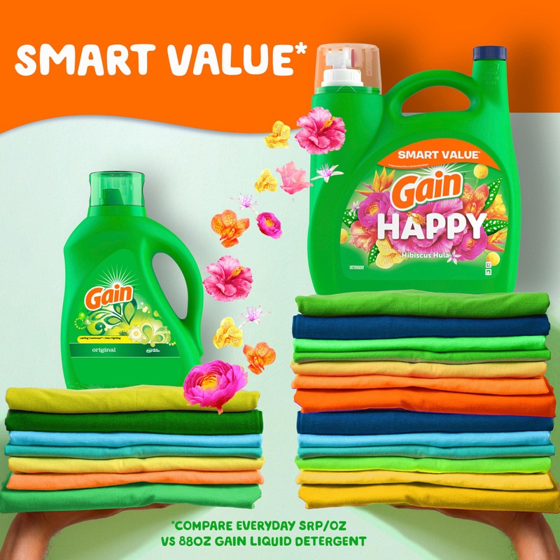 Gain Liquid Laundry Detergent, Happy, HE Compatible, 154 fl oz,