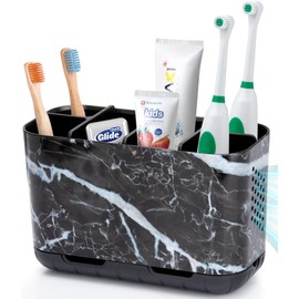 Boperzi Black Toothbrush Holder for Bathroom Toothpaste Organizer Countertop, Detachable Anti-Slip Marble Toothpaste Storage Caddy 6 Slots with Drainage Holes for Makeup Brush Razor Stand