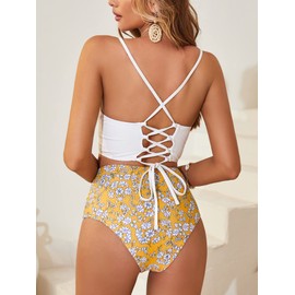 ZAFUL Women's Scalloped Textured Swimwear High Waisted Wide Strap Adjustable Back Lace-up Bikini Set Swimsuit (S, White&Yellow-Flower)