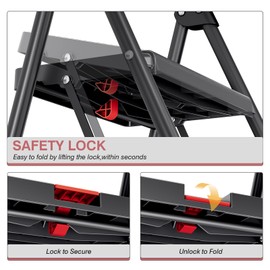 TOOLF 3 Step Ladder, Folding Step Stool with Anti-Slip Wide Pedals & Handrail, Safe-Lock Design, Portable Sturdy Steel Ladder Stool for Home & Kitchen – Black