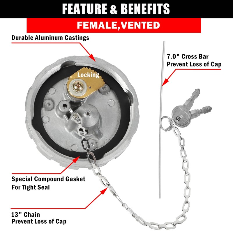 Vitonsbay Locking Fuel Cap,3" Nominal，Vented,Aluminum Fuel Cap Fit for Kenworth