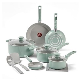 T-fal T-fal Refresh Ceramic, Ceramic Non Stick Cookware Set 12 Piece, Oven Broiler Safe 350F, Cookware, Kitchen Cooking Set w/Fry Pans, Saucepans & Kitchen Utensils, Pots and Pans Set Non Stick, Mint Green