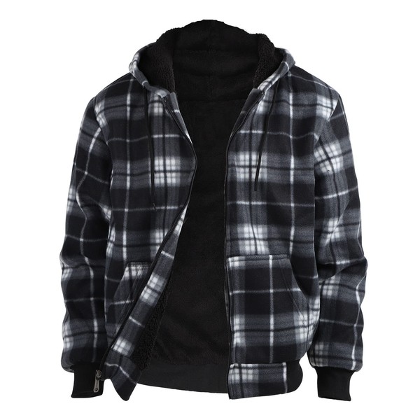Facitisu Men Fleece Hoodie Plaid Flannel Jacket Heavy Warm Big