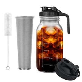 Brew Coffee Maker Jar - 64 oz Thick Glass Pitcher with 2 Lids - Stainless Steel Filter for Iced Brew Coffee, Lemonade, Ice Tea, Homemade Fruit Drinks Container
