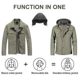 Pursky Men Jackets Fashion Military Jacket Lightweight Cotton Outerwear Casual Spring Lapel Work Coat Mens Jackets With Hood Light Olive 2XL
