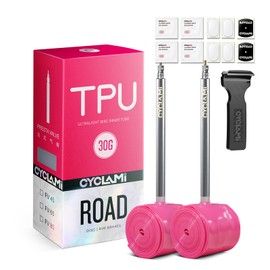 2-Pack CYCLAMI TPU Inner Tube 700C, Ultralight 30g Road Bike Tube Compatible with 700x18/23/25/28/30/32C Metal Presta Valve 85mm -TPU Road Bicycle Tire 28'' (with a Multi-Functional Tire Pry Bar)