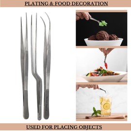 Fine Cooking Tweezers Set of 3Pcs Professional Stainless Steel Food Kitchen Chef Long Pinzas for Plating, BBQ, Searing, Baking Multi-use Pack, Straight & Offset Handles with Serrated Tips (10 Inch)
