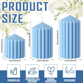 Conelist Set of 3 Ribbed Pillar Candles Soy Wax Scented Ribbed Candles Includes 2.8, 4.2 and 5.1 Inches Heights Romantic Decoration for Home Birthday Gift(Light Blue)