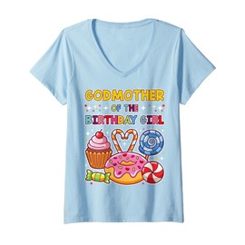 Womens Godmother of Birthday Girl Candyland Colorful Lollipop Party V-Neck T-Shirt