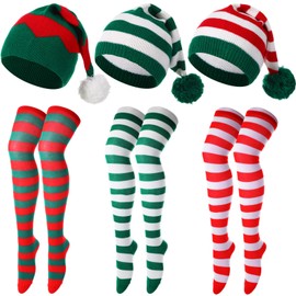 Geyoga 6 Pcs Christmas Elf Costume Accessories Including 3 over Knee Striped Socks and 3 Christmas Knitted Elf Hats for Women Adult Winter Warm Costume