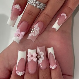 Jremg White French Tip Press on Nails Long Square Fake Nails with 3D Flowers Rhinestones Designs Glossy Cute Pink Bow Charms False Nails Reusable Nude Pink Full Cover Glue on Nails for Women 24Pcs