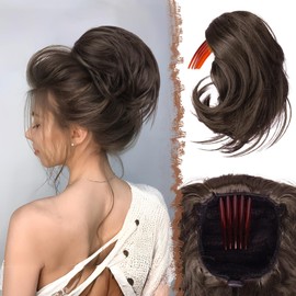 FESHFEN Hair Buns Hair Piece with Comb, Messy Buns Hairpieces for Women Drawstring Fully Updo Synthetic Hair Short Ponytail Extension for Daily Party, Dark Brown