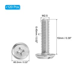PATIKIL Round Head Phillips Screws, 120 Pack M2.5-0.45 x 10mm 304 Stainless Steel 18-8 Full Thread, Machine Screw Furniture Screw Connector Bolts