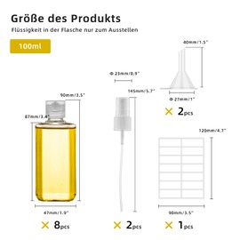 Ysimple 8 Pieces 100 ml Travel Bottles Set, Plastic Bottle with Flip Cap, Transparent Empty Cosmetic Travel Container with Sprinkler, Funnel and Label for Air Travel Shampoo Conditioner Lotion (100 ml)