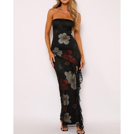 BAIMORE Women's Chic Strapless Tube Floral Lace Patchwork Thigh Split Bodycon Maxi Party Dress Black