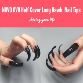 NOVO OVO NOVO OVO 100 pcs Long Hawk Curved Nail tips, Clear Cystal Extra Super Extreme Deep Curve Half Cover Tapered Square Eagle Claw Soft Gel False Nail Extension for Acrylic Nails x 10 Sizes in Box