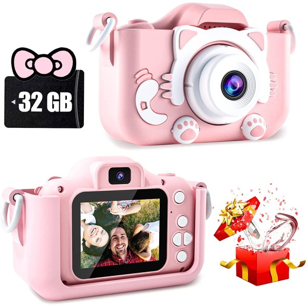 CIMELR Kids Camera Toy Camera 1080P HD Video Camera with 32GB Memory Card 2.0 Inch IPS 8X Zoom USB Charging Dual Lens Recording Selfie Camera for Kids Digital Camera Digital Camera 4 Years 5 Years 6 Years Old Boys Girls Children's Day with Birthday Prese