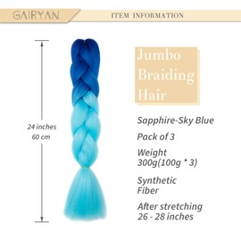 Gairyan Braiding Hair Extensions Ombre Jumbo Braids Synthetic Hair 3 Packs 24 inches 300g Coloured Hair for Braiding Extensions Box Braids Crochet Twist (Sapphire-Sky Blue)