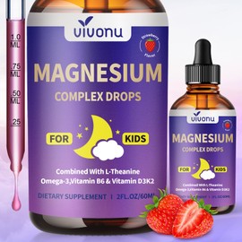 VivoNu Kids Magnesium Liquid Drops, Magnesium Glycinate Liquid for Children's Supplement with Vitamin D3 K2 B12 & B6, Omega 3,L-theanine,Lemon Balm-for Sleep,Relaxation,Calm,Focus, Strawberry Flavor