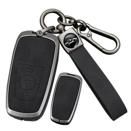 ontto Car Key Fob Cover Case fit for Ford Everest Fusion Mustang Explorer F150 F250 EcoSport Edge S-MAX Ranger Smart Key holder Metal Leather Shell bag keyring keychain accessories 3 buttons Black B