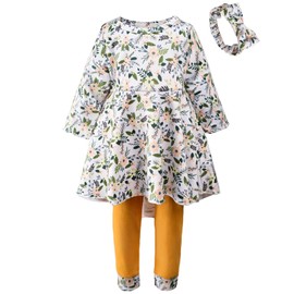 fioukiay 2T Toddler Baby Girls-Spring-Outfits-Boutique-Clothes 3pc Fall Winter Clothing Set Floral Tunic Dress Top Leggings Pants Headband Playwear Set (Yellow, 2T)
