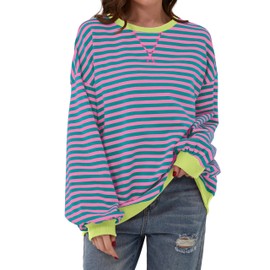 DUOEASE Pullover Women's Striped Oversize Pullover Long Sleeve Autumn Crew Neck Sweatshirt Y2K Tops, Green-rose