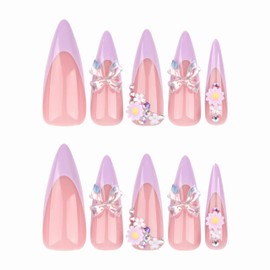 MERVF Long Press on Nails Almond Fake Nails Purple French Tip Glue on Nails 3D Flower Press ons Stiletto Acrylic False Nails with Laser Bow Design 24pcs Glossy