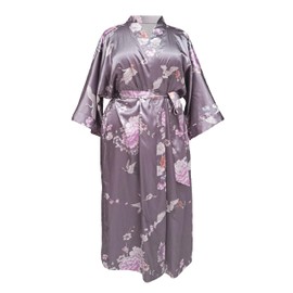 RED DOT BOUTIQUE 696 Plus Size Women's Smooth Satin Silky 3/4 Sleeves Kimono Long Robe Crane Floral (Lavender Mist, 2X)