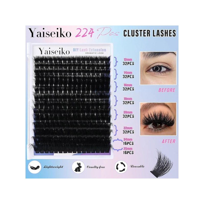 Yai 속눈썹 클러스터 300D 두꺼운 12-25mm 볼륨 연장 224Pcs 위스피
