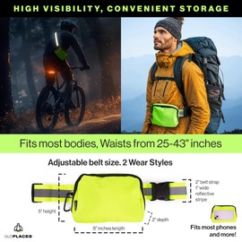 GLOPLACES Reflective Belt Bag Night Sash for Night Safety - High Visibility Hip Bag Waist Pack with Large Storage Pouch - Adjustable Night Fanny Pack for Dog Walking, Hiking, Biking