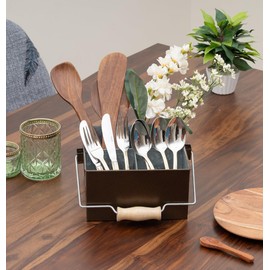 Galvanized Metal Caddy 4 Compartments With Wooden Handle, Flatware Organizer, Utensils Caddy, Silverware Caddy for Kitchen Counter, Picnic, Bathroom, Outdoor, Indoor, Multi Use - Brass Antique