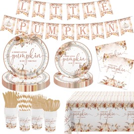 MEHOFOND Fall Pumpkin Baby Shower Decorations Boho Floral Pampas Grass Little Pumpkin Party Supplies Disposable Tableware Set 194 Pcs Plates Napkins Banners Plastic Tablecloth for Baby Shower Party