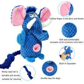 Dog Toys Puppy Toys Cute Pet Toys Squeaky Elephant Dog Toy with Crinkle Paper Plush Dog Stuffed Animals Chew Toy with Cotton Rope Dog Toys to Keep Them Busy for Small Medium Large Dogs (Blue)