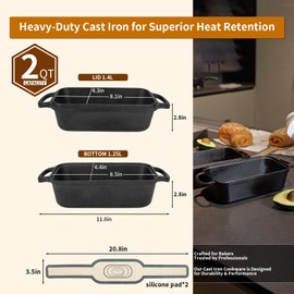Cast Iron Bread Pan with Lid, Cast Iron Bread Loaf Pan with 2 Silicone Bread Mats, Sourdough Loaf Pan with Lid, Heavy Duty Loaf Pans for Oven Baking Bread, Bread Pans for Homemade Bread(Black)