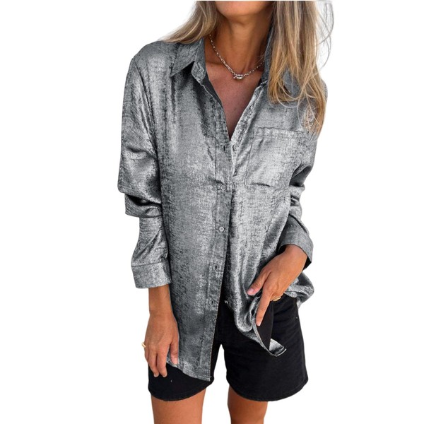 Gihuo Women's Metallic Button Down Shirts Long Sleeve Sparkly Blouse