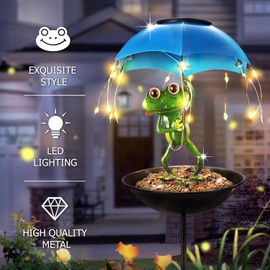 Solar Bird Feeder Frog Garden Decor, Outdoor Solar Lights Frog Figurine Lights with Umbrella, Hummingbird Feeder Decorative Path Lights Gardening Gifts for Women, Yard Art Ornament Bird Feeder