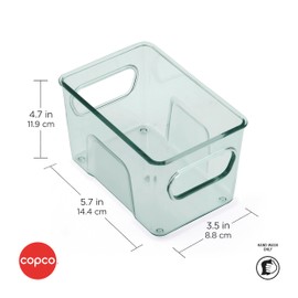 Copco Small Storage Bin, for Kitchen, Fridge, Pantry, Laundry, and More, 5.7 x 4.7 x 3.5 Inch, Clear/Green