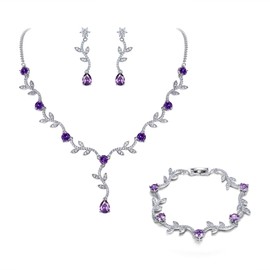 EleQueen Wedding Vine Jewelry Set, Silver-Tone Cubic Zirconia Elegance Purple Teardrop Necklace Dangle Earrings Tennis Bracelet for Women, Sunflower Leave Bridal Jewelry