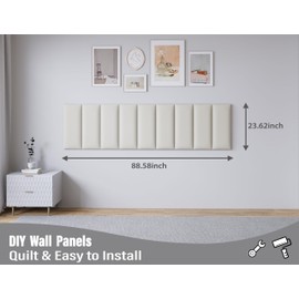 Gorkett Leather White Upholstered Queen Size Headboard, 12 Panels Peel and Stick Wall Bed Panels, Tufted Decorative Backboard for Modern Bedrooms, 10"x24" Each, Leather - White