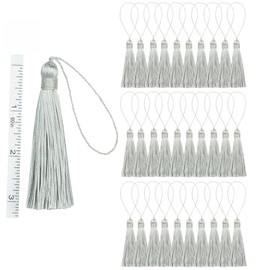 Fenghuangwu - 30 borlas de costura hechas a mano para manualidades de 5.7 pulgadas, suaves y sedosas con lazo de cordón de 2.6 pulgadas, para decoración de accesorios de manualidades, color plateado