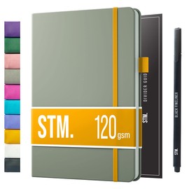 B6 Bullet Dotted Journal Notebook by STM | Thick Bleedproof 120gsm Paper, 215 Pages | Lay Flat Vegan Leather Hardcover | 2 Bookmarks, Printed Page numbers | Black Pen | 4.9 x 6.9 in | Grey